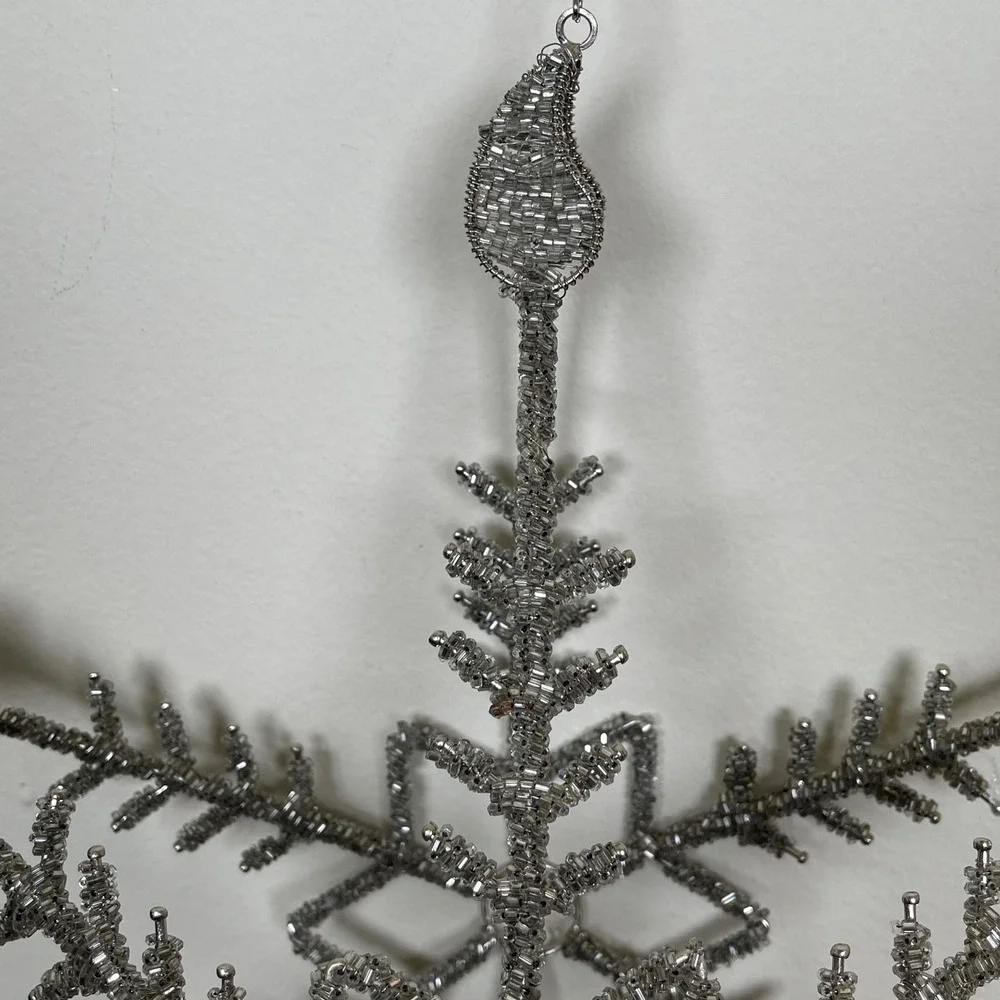 Beaded Silver Snowflake‎ Candelabra Tealight Holder Hanging Christmas Winter